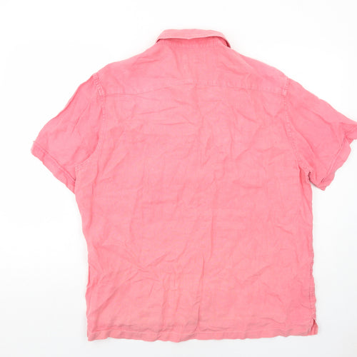 Marks and Spencer Mens Pink Linen Button-Up Size L Collared Button