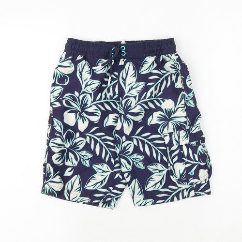 Marks and Spencer Boys Blue Floral Polyester Bermuda Shorts Size 7-8 Years Regular Drawstring