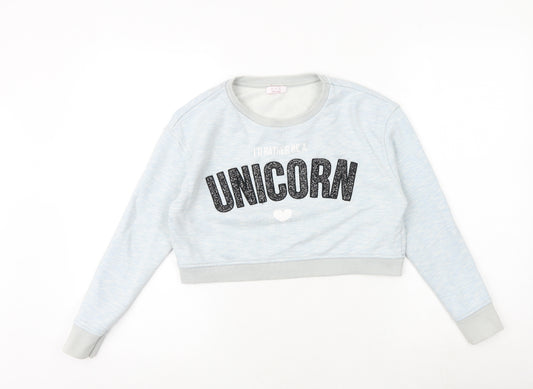 M&Co Girls Blue Cotton Pullover Sweatshirt Size 11-12 Years Pullover - Unicorn