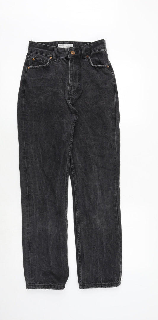 Bershka Womens Black Herringbone Cotton Straight Jeans Size 8 Regular Zip