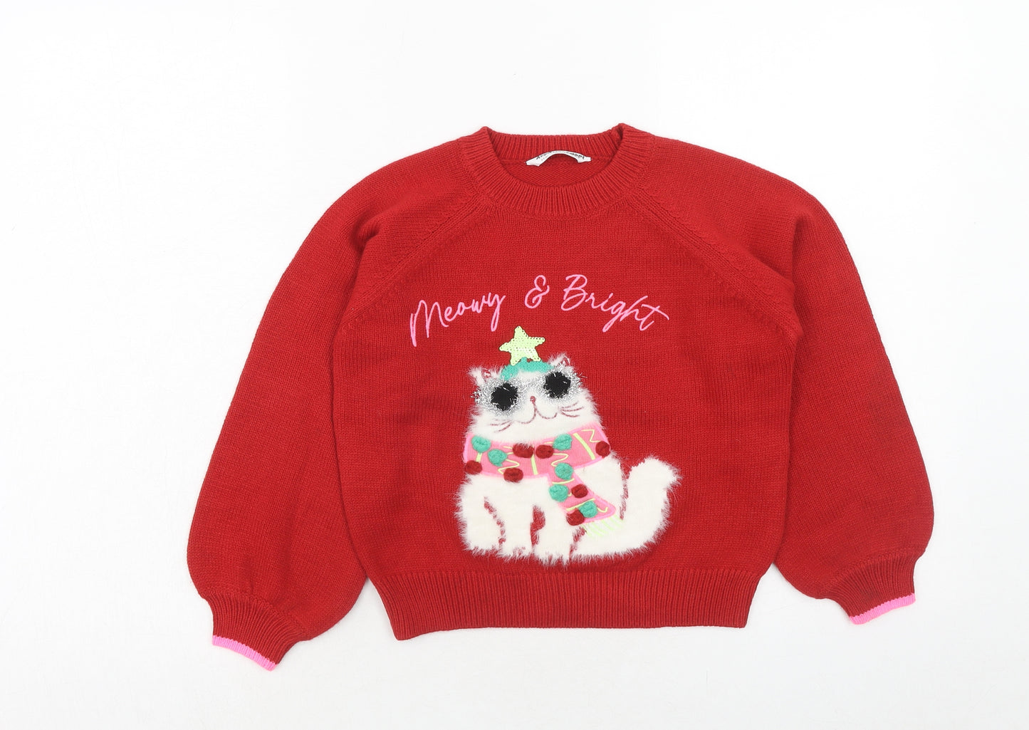 Marks and Spencer Girls Red Round Neck Acrylic Pullover Jumper Size 8-9 Years Pullover - Meowry & Bright Christmas