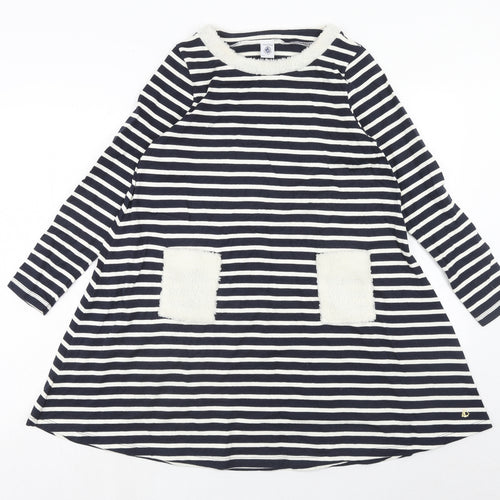 Petit Bateau Girls Blue Striped Cotton T-Shirt Dress Size 12 Years Boat Neck Pullover