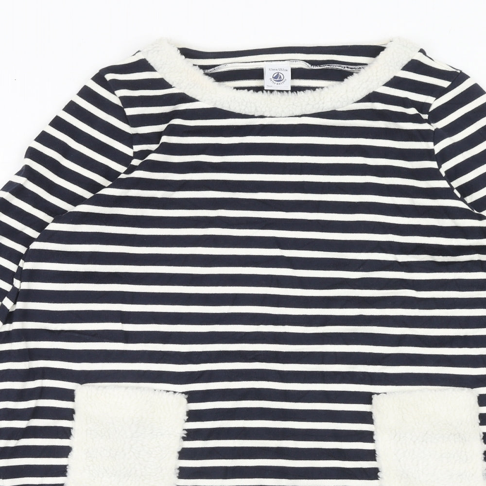 Petit Bateau Girls Blue Striped Cotton T-Shirt Dress Size 12 Years Boat Neck Pullover