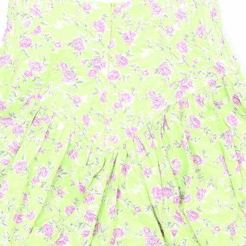 Zara Womens Green Floral Cotton Skater Skirt Size S Zip