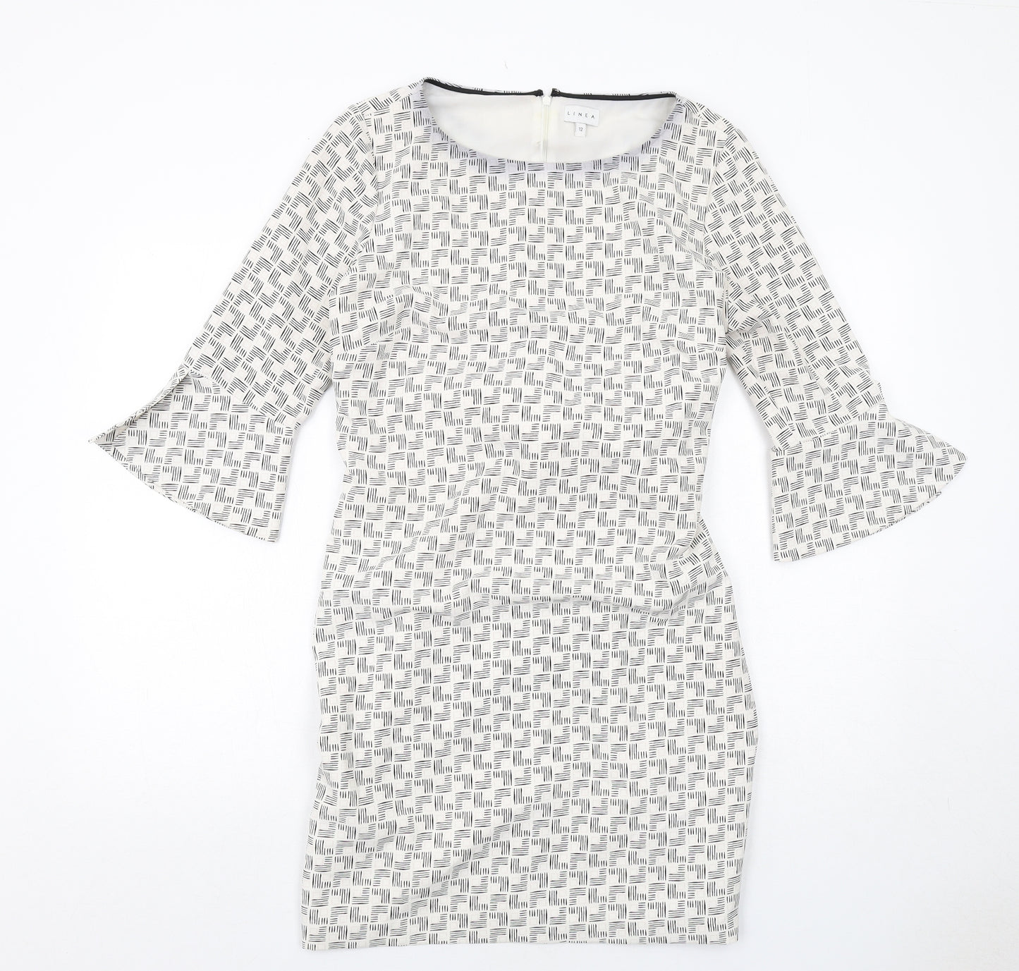 Linea Womens White Geometric Polyester Pencil Dress Size 12 Boat Neck Zip - Flute Sleeve