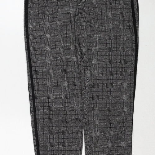 Marks and Spencer Womens Grey Plaid Polyester Trousers Size 8 Regular Drawstring - Side Stripe Detail