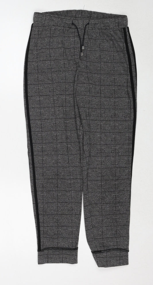Marks and Spencer Womens Grey Plaid Polyester Trousers Size 8 Regular Drawstring - Side Stripe Detail