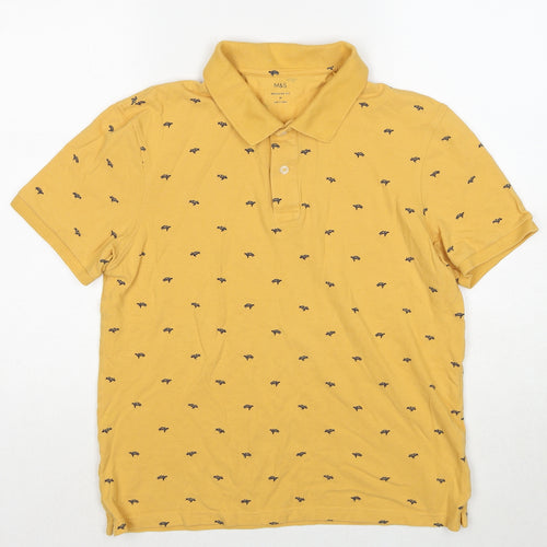Marks and Spencer Mens Yellow Geometric Cotton Polo Size M Collared Pullover