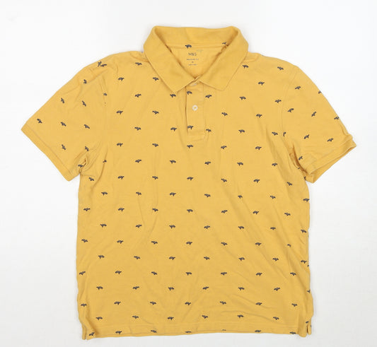 Marks and Spencer Mens Yellow Geometric Cotton Polo Size M Collared Pullover