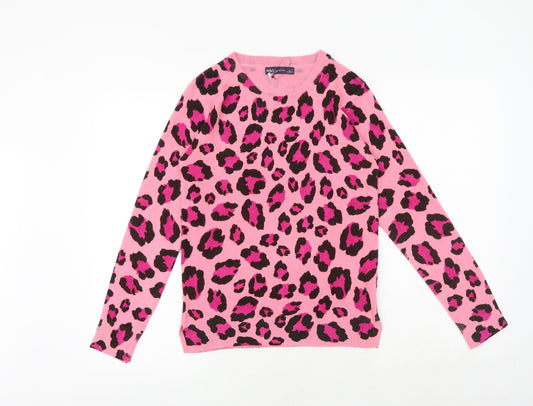 Marks and Spencer Womens Pink Round Neck Animal Print Acrylic Pullover Jumper Size 6 - Leopard Pattern