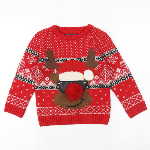 NEXT Boys Red Round Neck Geometric Acrylic Pullover Jumper Size 4 Years Pullover - Christmas Reindeer