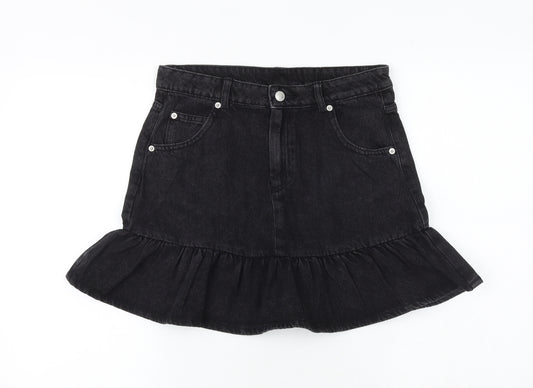 Marks and Spencer Girls Black 100% Cotton Mini Skirt Size 12-13 Years Regular Zip