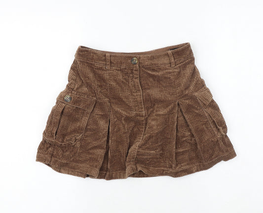 Marks and Spencer Girls Brown 100% Cotton Pleated Skirt Size 9-10 Years Regular Zip
