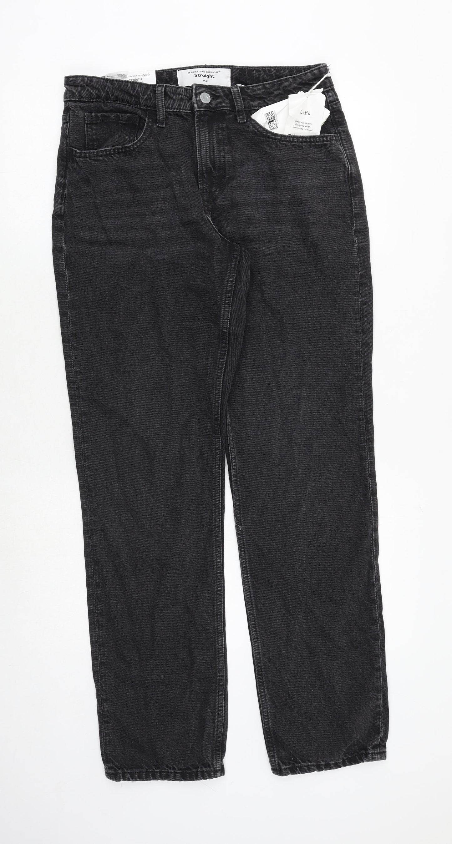 H&M Womens Black Cotton Straight Jeans Size 10 Regular Zip