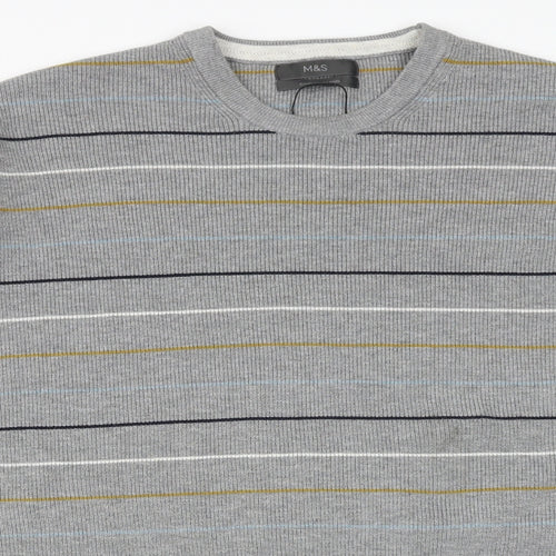 Marks and Spencer Mens Grey Round Neck Striped Polyester Pullover Jumper Size 3XL Long Sleeve