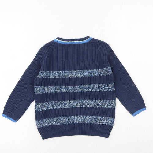 Marks and Spencer Boys Blue Crew Neck Striped 100% Cotton Pullover Jumper Size 3-4 Years Pullover