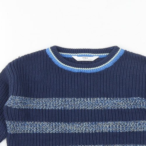 Marks and Spencer Boys Blue Crew Neck Striped 100% Cotton Pullover Jumper Size 3-4 Years Pullover