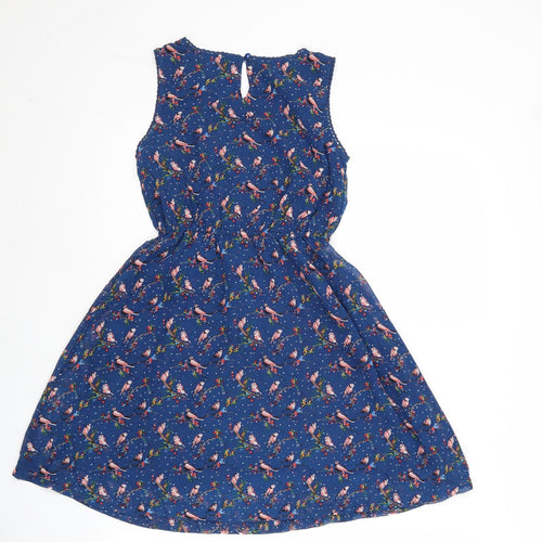 Yumi Girls Blue Geometric Polyester Fit & Flare Size 9-10 Years Boat Neck Button - Bird Pattern