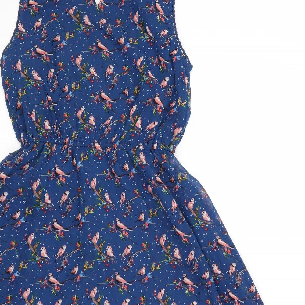 Yumi Girls Blue Geometric Polyester Fit & Flare Size 9-10 Years Boat Neck Button - Bird Pattern