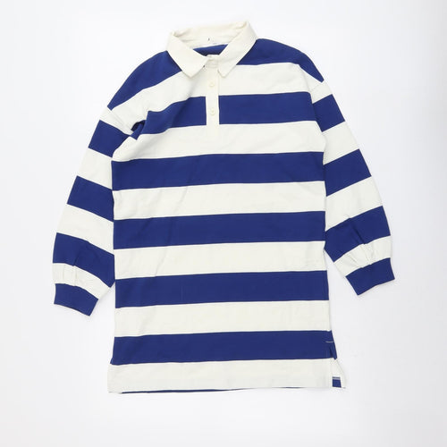 Marks and Spencer Girls Blue Striped Cotton Basic Polo Size 9-10 Years Collared Button