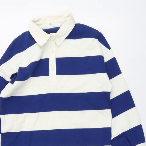 Marks and Spencer Girls Blue Striped Cotton Basic Polo Size 9-10 Years Collared Button