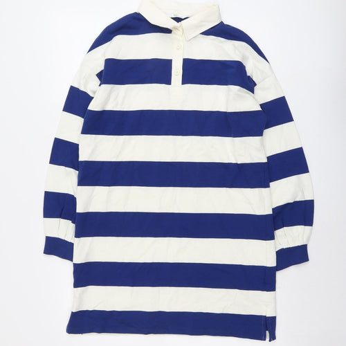 Marks and Spencer Girls Blue Striped Cotton T-Shirt Dress Size 12-13 Years Collared Button