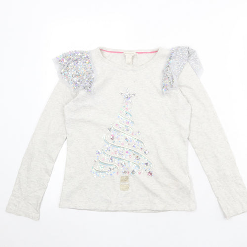 Monsoon Girls Grey Cotton Basic T-Shirt Size 11-12 Years Round Neck Pullover - Christmas Tree