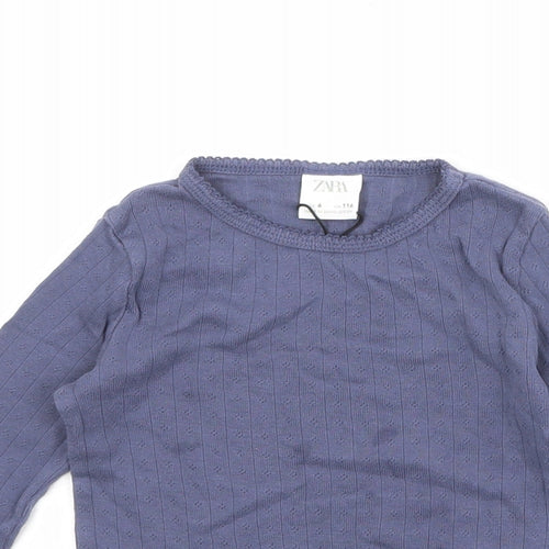 Zara Girls Blue 100% Cotton Basic T-Shirt Size 6 Years Round Neck Pullover