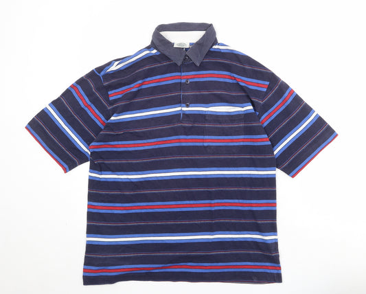 Casual Club Mens Blue Striped Cotton Polo Size L Collared Button