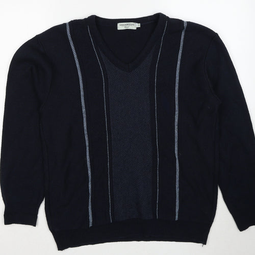 Greenwoods Mens Blue V-Neck Cotton Pullover Jumper Size M Long Sleeve