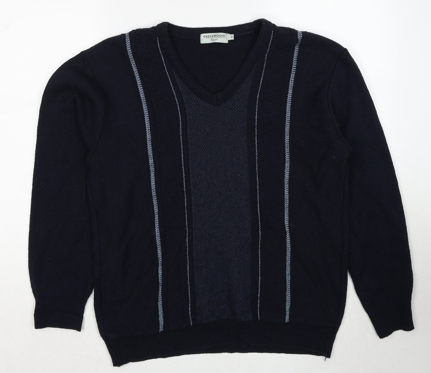 Greenwoods Mens Blue V-Neck Cotton Pullover Jumper Size M Long Sleeve