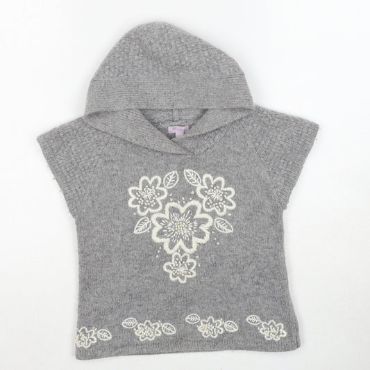 Monsoon Girls Grey Round Neck Wool Pullover Jumper Size L Pullover - Floral Detail