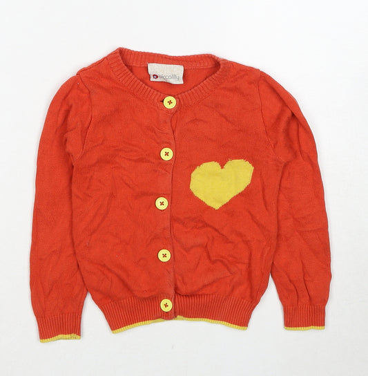 Piccalilly Girls Red Round Neck Cotton Cardigan Jumper Size 3-4 Years Button - Heart