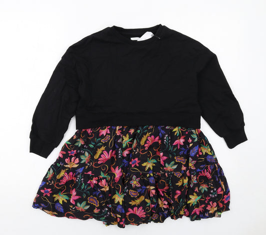 NEXT Girls Black Floral Cotton Jumper Dress Size 6 Years Round Neck Pullover