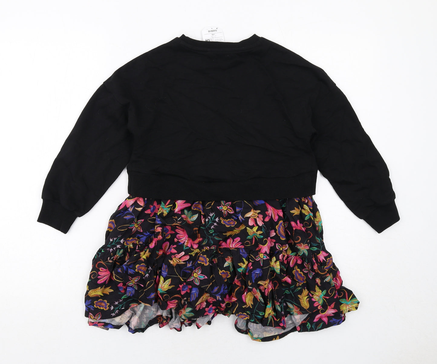 NEXT Girls Black Floral Cotton Jumper Dress Size 6 Years Round Neck Pullover