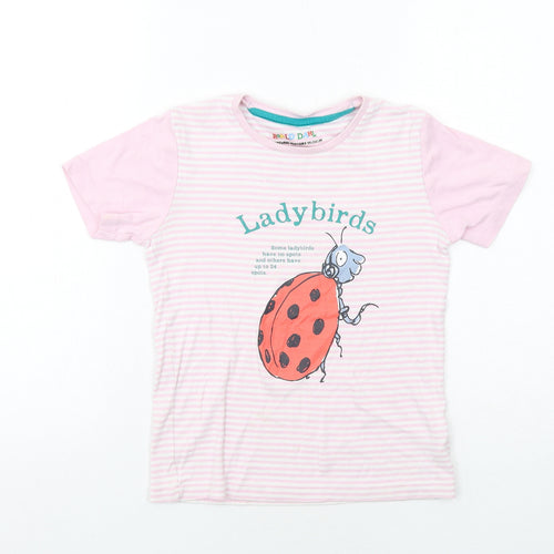 Marks and Spencer Girls Pink Striped Cotton Basic T-Shirt Size 9-10 Years Round Neck Pullover - Roald Dahl Lady Birds