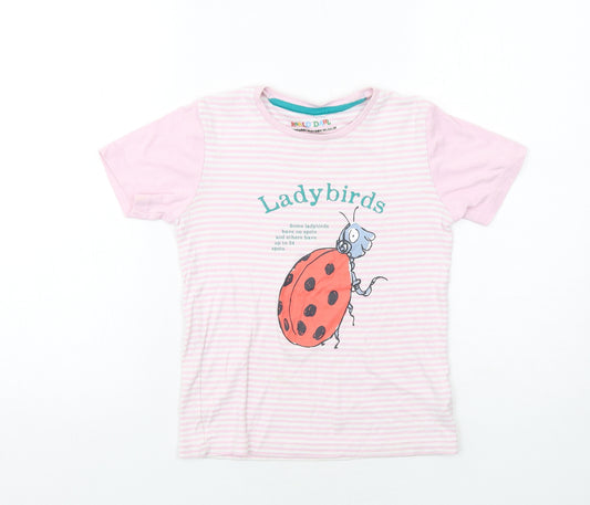 Marks and Spencer Girls Pink Striped Cotton Basic T-Shirt Size 9-10 Years Round Neck Pullover - Roald Dahl Lady Birds