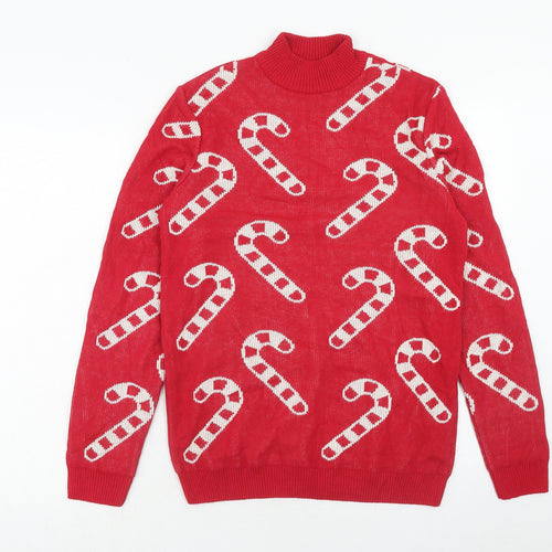 ASOS Mens Red Mock Neck Geometric Cotton Pullover Jumper Size S Long Sleeve - Christmas Candy Cane