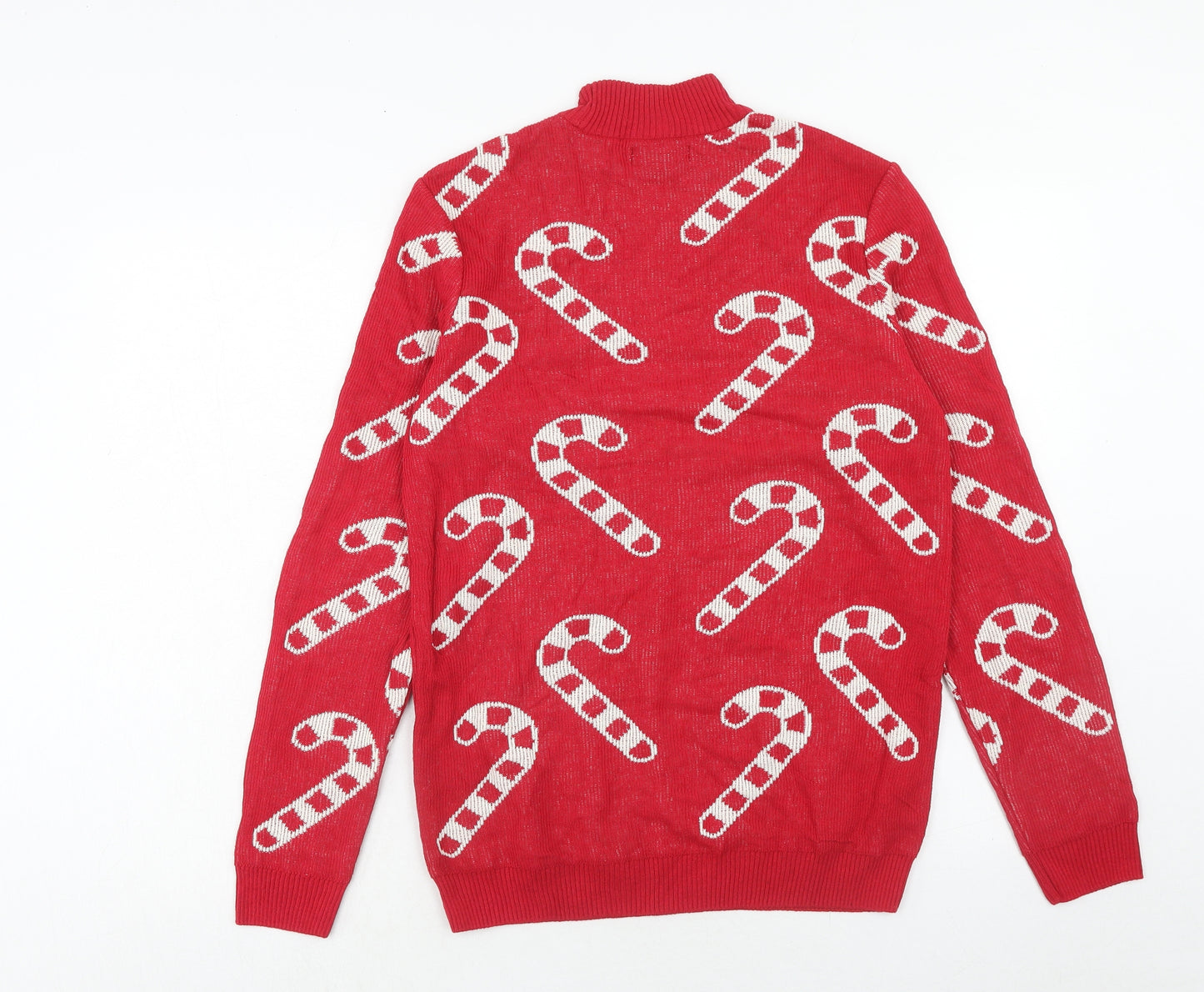 ASOS Mens Red Mock Neck Geometric Cotton Pullover Jumper Size S Long Sleeve - Christmas Candy Cane