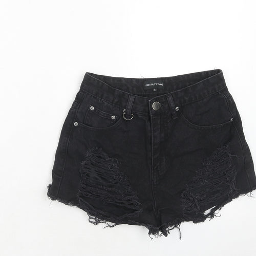 PRETTYLITTLETHING Womens Black Cotton Cut-Off Shorts Size 8 Regular Zip - Distressed