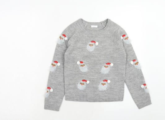 NEXT Girls Grey Round Neck Geometric Acrylic Pullover Jumper Size 8 Years Pullover - Santa Claus Christmas