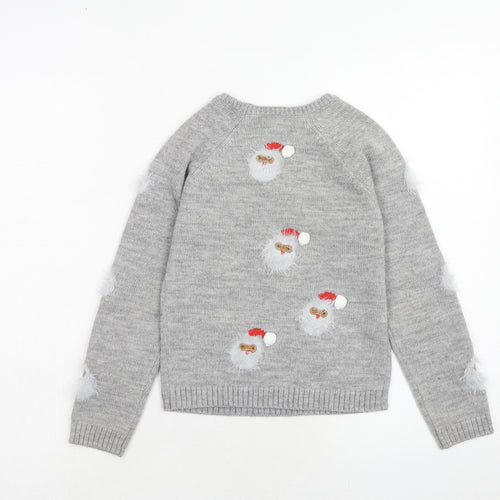 NEXT Girls Grey Round Neck Geometric Acrylic Pullover Jumper Size 8 Years Pullover - Santa Claus Christmas