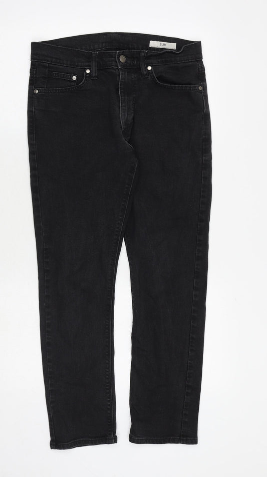 Marks and Spencer Mens Black Cotton Straight Jeans Size 30 in Slim Zip