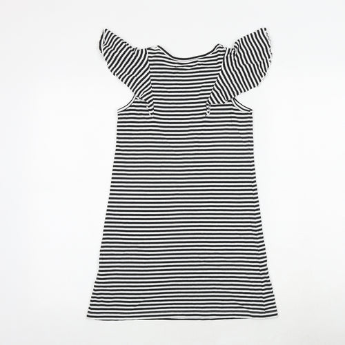 Marks and Spencer Girls Black Striped Viscose T-Shirt Dress Size 8-9 Years Boat Neck Pullover