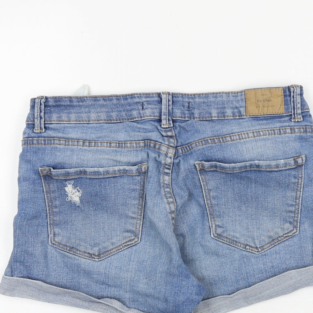 Bershka Womens Blue Cotton Hot Pants Shorts Size 10 Regular Zip - Distressed