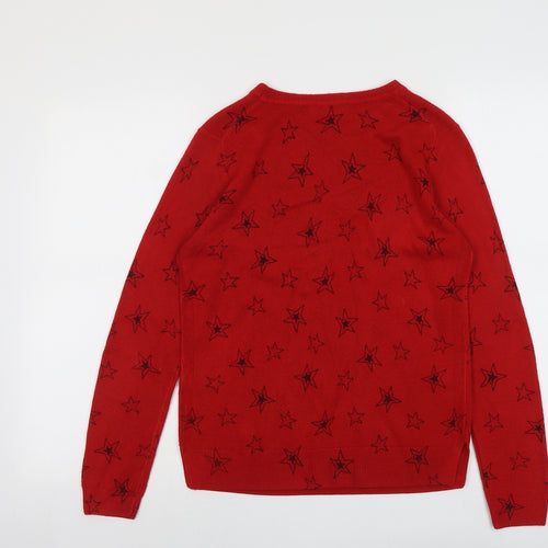 Marks and Spencer Womens Red Round Neck Geometric Acrylic Pullover Jumper Size 10 - Star Pattern