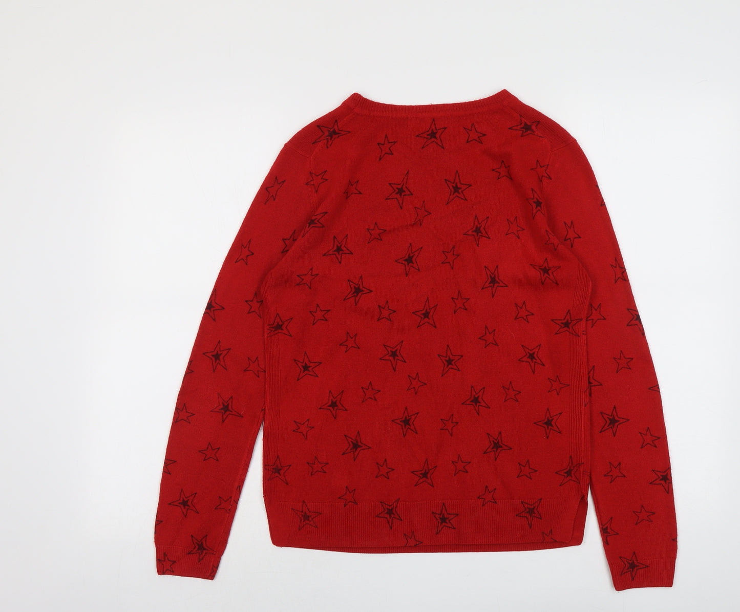 Marks and Spencer Womens Red Round Neck Geometric Acrylic Pullover Jumper Size 10 - Star Pattern