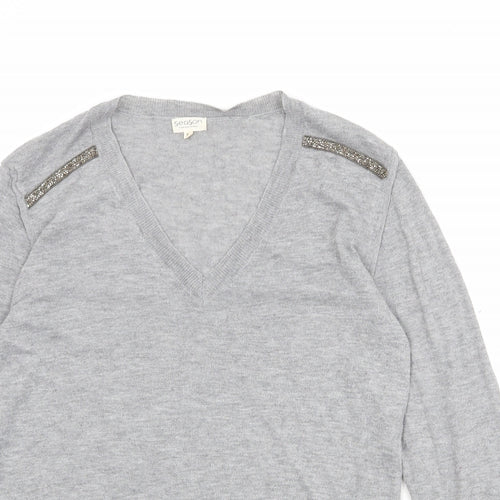 Season Womens Grey V-Neck Polyester Pullover Jumper Size XL