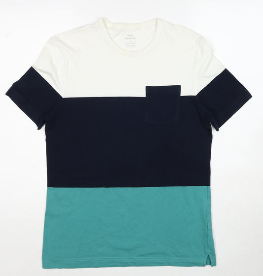 Marks and Spencer Mens Multicoloured Colourblock Cotton T-Shirt Size S Round Neck