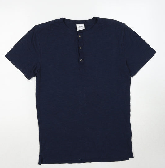 Zara Mens Blue Cotton T-Shirt Size S Round Neck